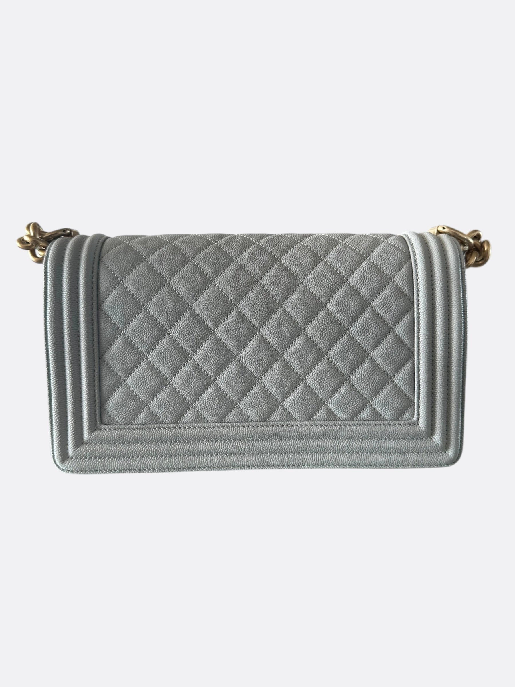 Chanel Quilted Light Grey Caviar Medium Boy Bag