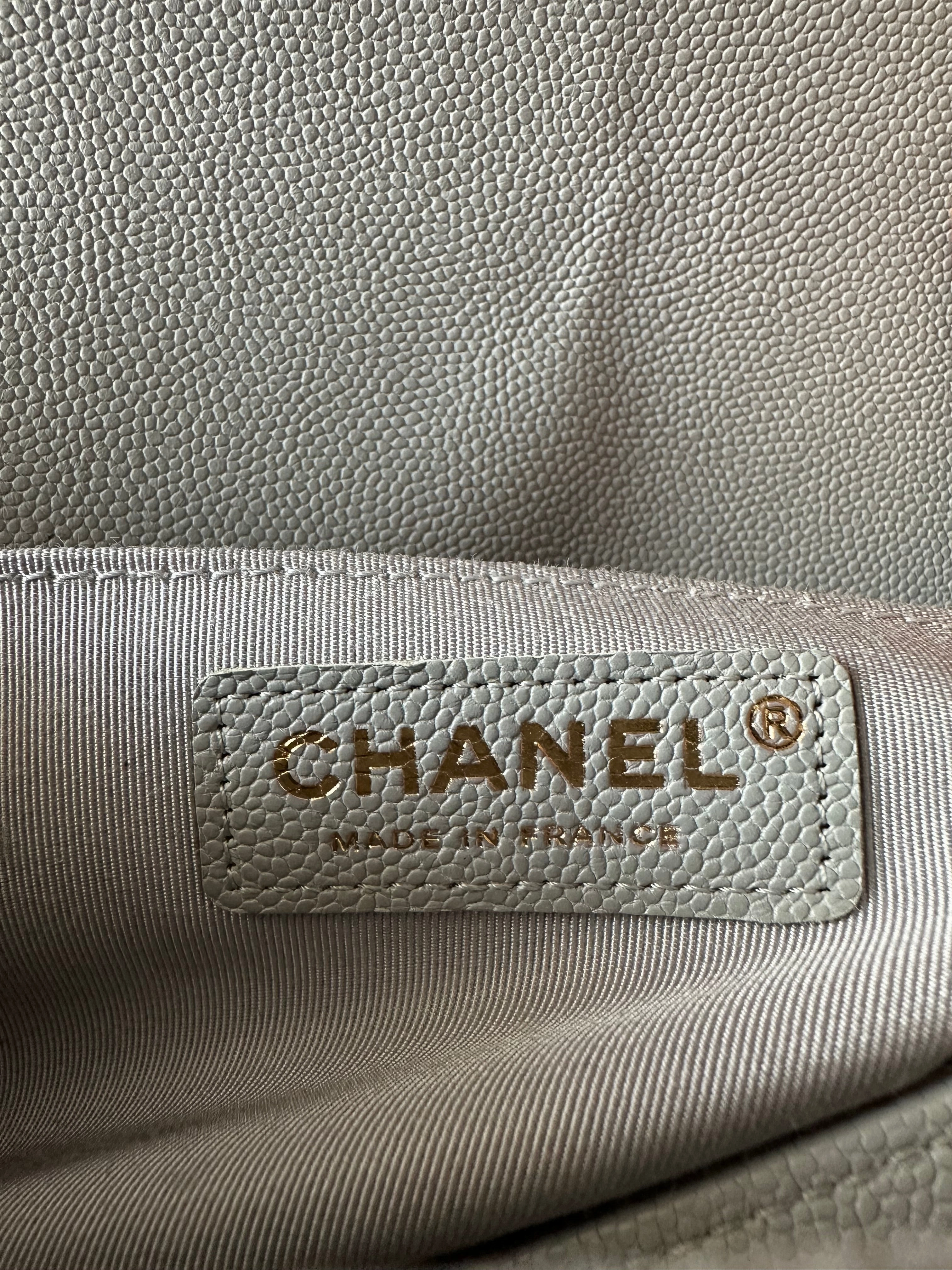 Chanel Quilted Light Grey Caviar Medium Boy Bag