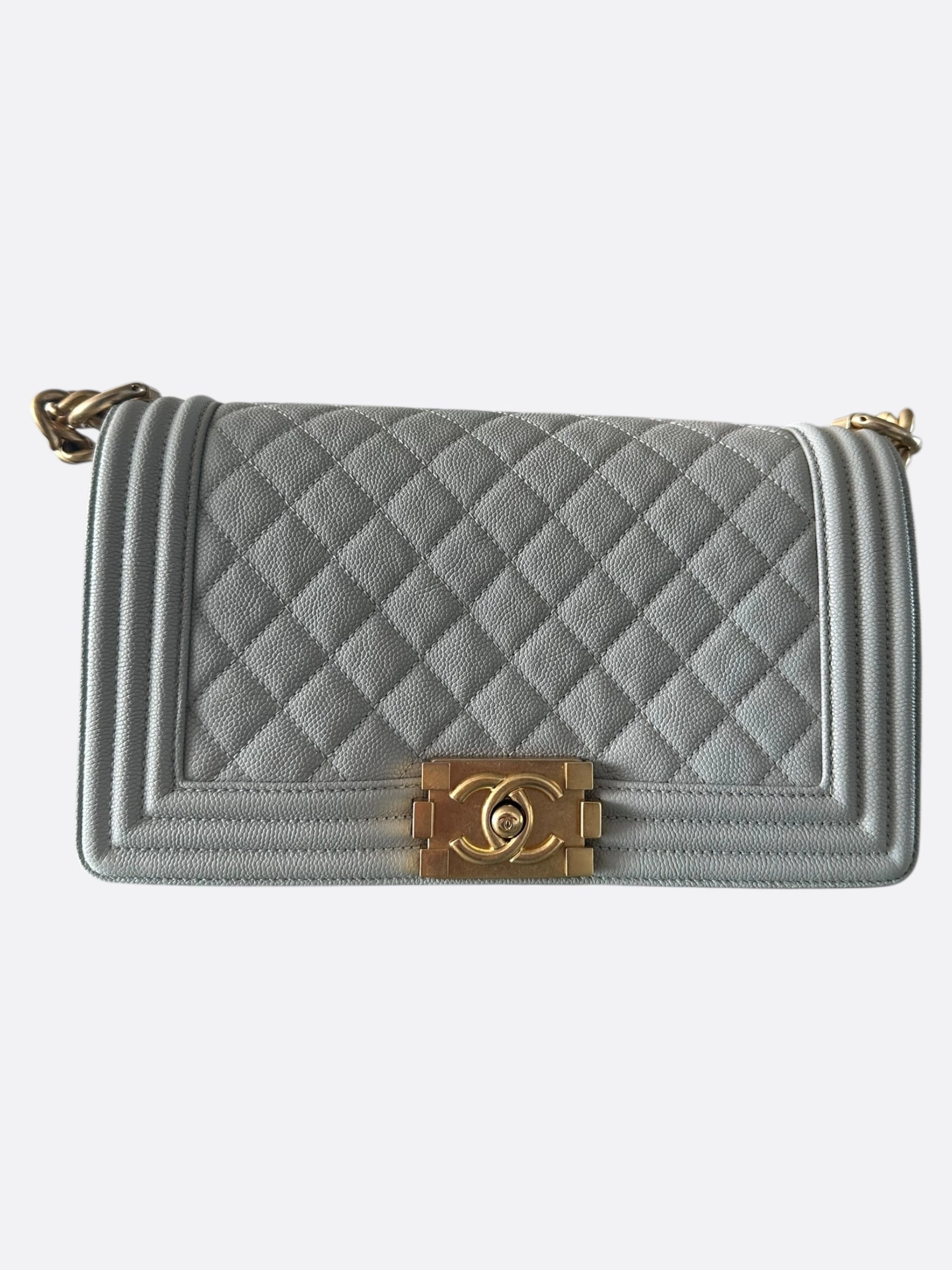 Chanel Quilted Light Grey Caviar Medium Boy Bag