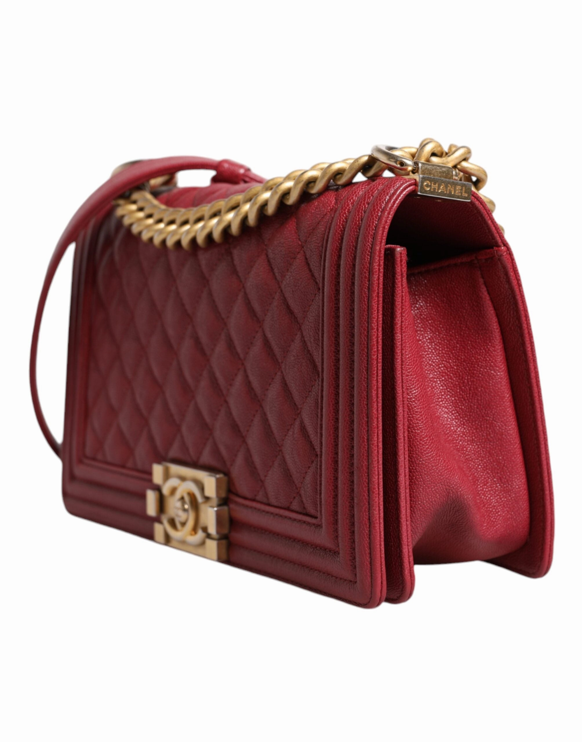 Chanel Red Leather Lambskin Double Gold Chain Medium Shoulder Bag