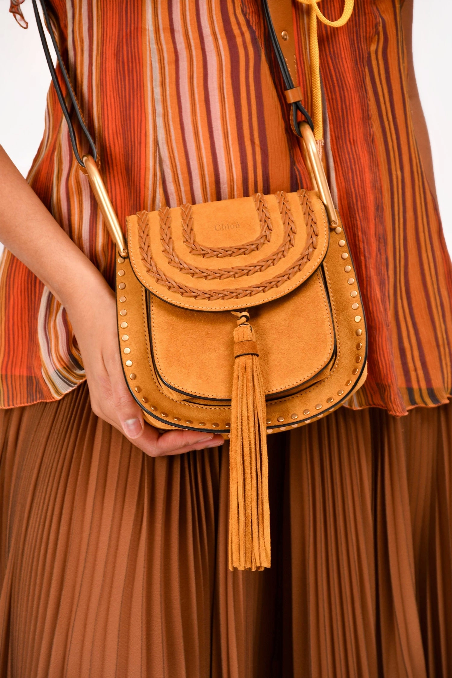Chloe Mustard Suede/Leather Fringe Crossbody Bag