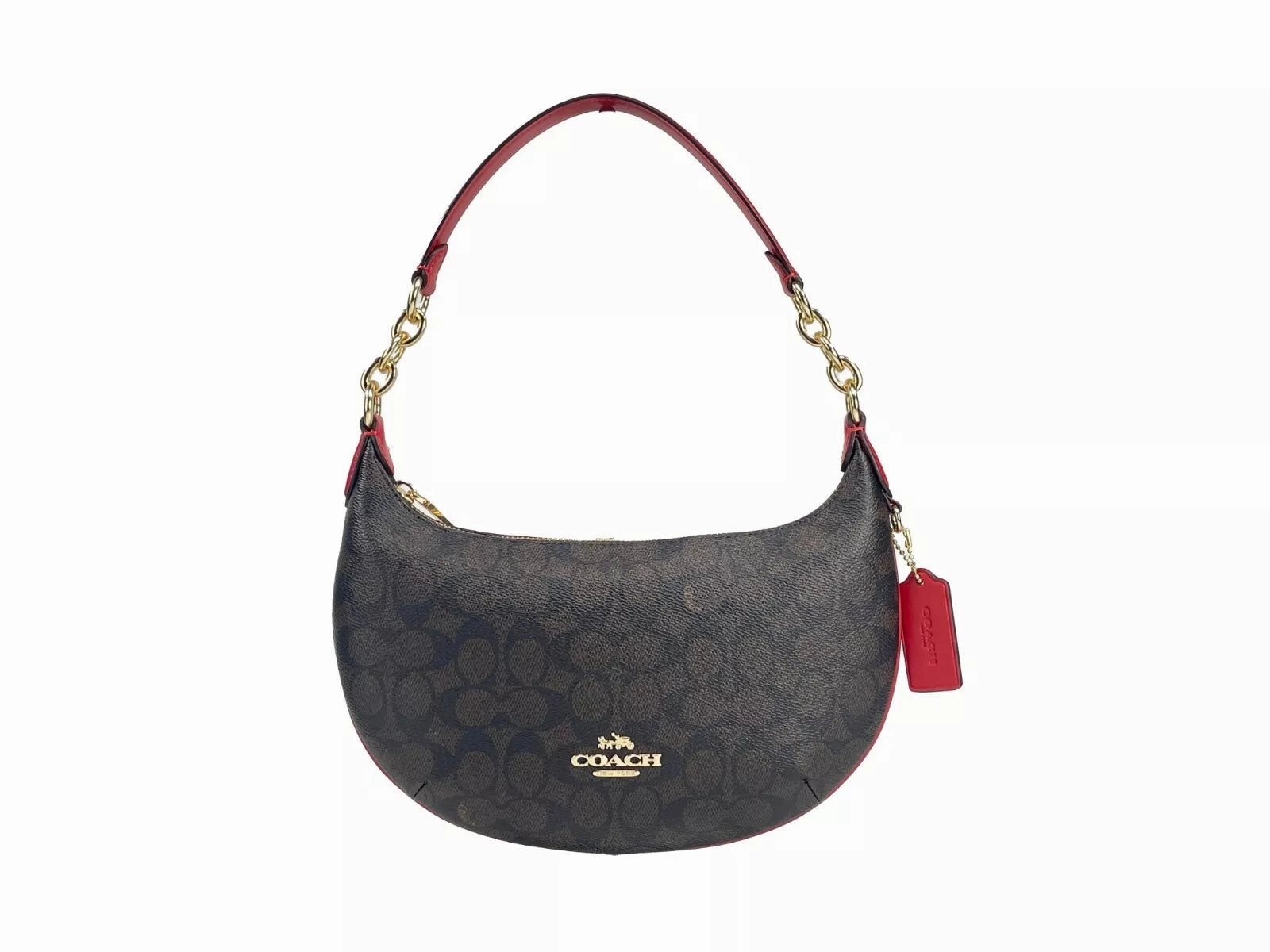 COACH Payton Signature PVC Leather Shoulder Bag Brown Red