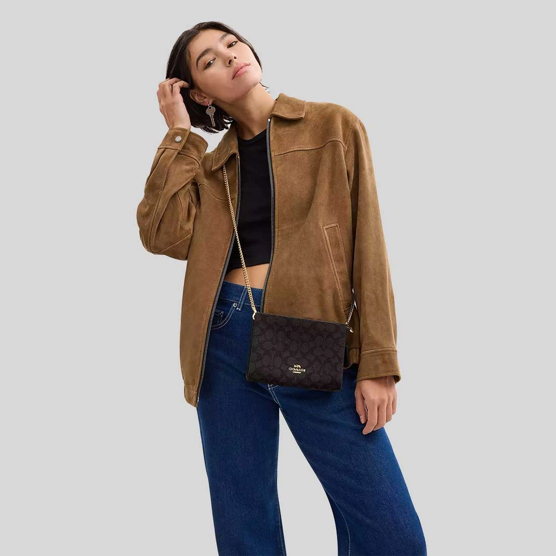 COACH Slim Crossbody Bag In Signature Canvas Walnut/Black CW204