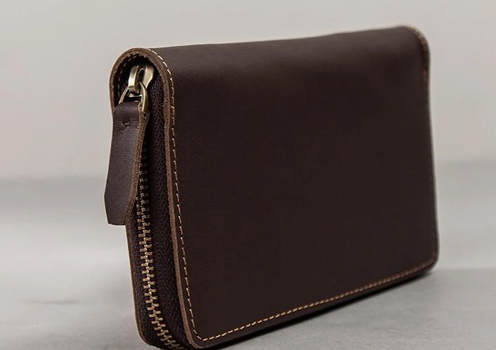 Coffee Leather Mens Zipper Long Wallet Passport Wallet Clutch Wallets for Men