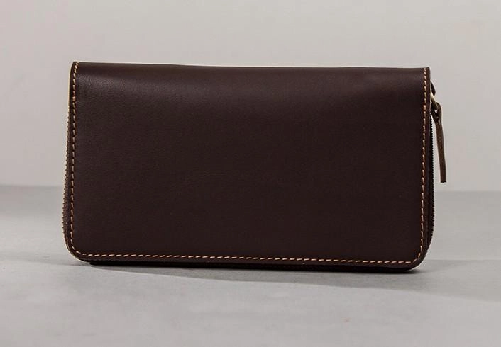 Coffee Leather Mens Zipper Long Wallet Passport Wallet Clutch Wallets for Men
