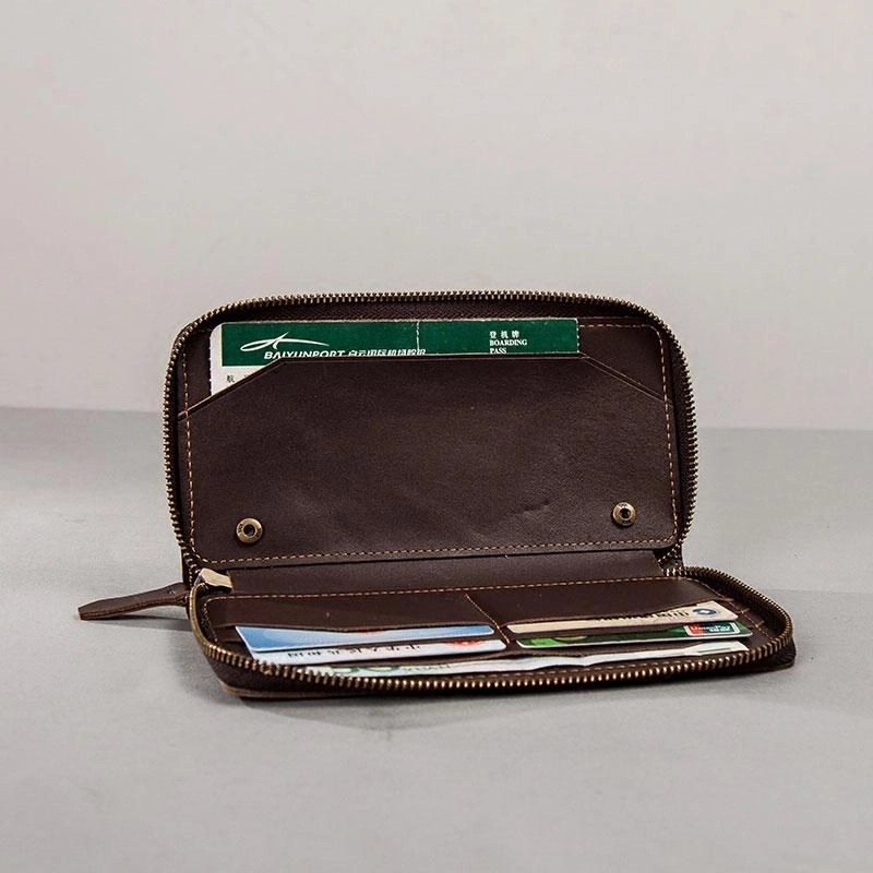 Coffee Leather Mens Zipper Long Wallet Passport Wallet Clutch Wallets for Men
