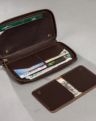 Coffee Leather Mens Zipper Long Wallet Passport Wallet Clutch Wallets for Men
