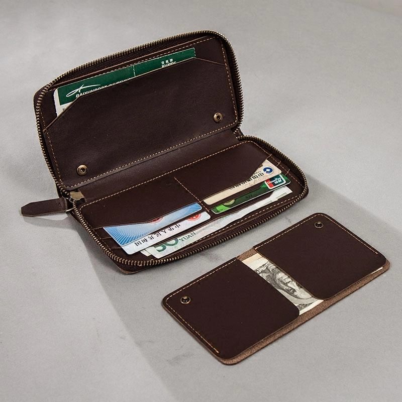 Coffee Leather Mens Zipper Long Wallet Passport Wallet Clutch Wallets for Men