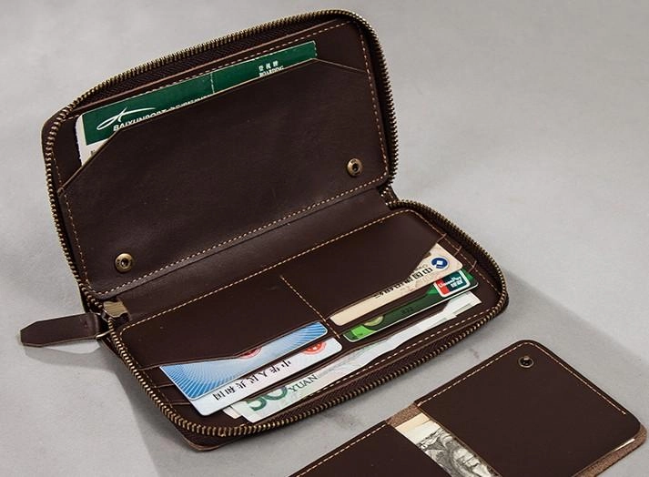 Coffee Leather Mens Zipper Long Wallet Passport Wallet Clutch Wallets for Men