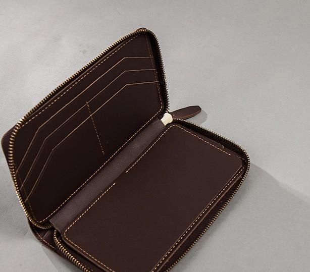 Coffee Leather Mens Zipper Long Wallet Passport Wallet Clutch Wallets for Men