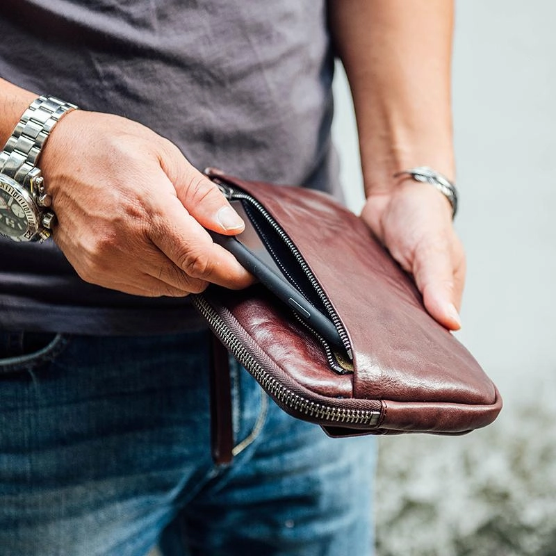 Cool Black Leather Mens Long Wallets Large Zipper Clutch Wallet Coffee Wristlet Clutch Vintage Clutch Purse For Men
