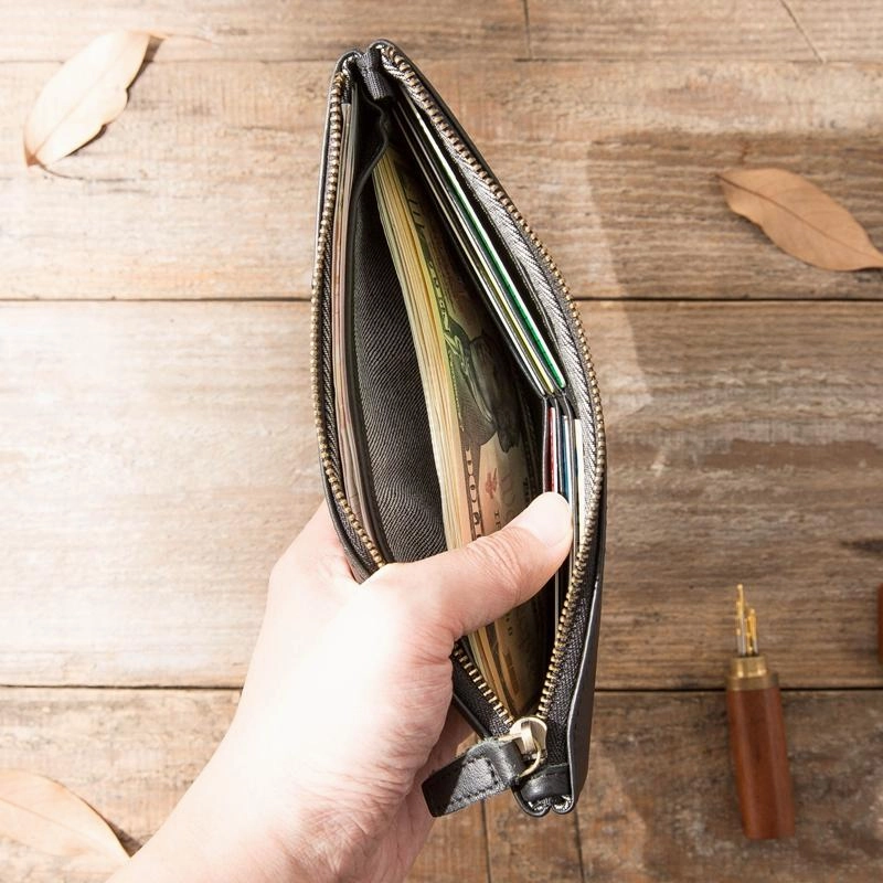 Cool Black Leather Mens Slim Long Zipper Clutch Wallet Long Wallet Phone Bag for Men