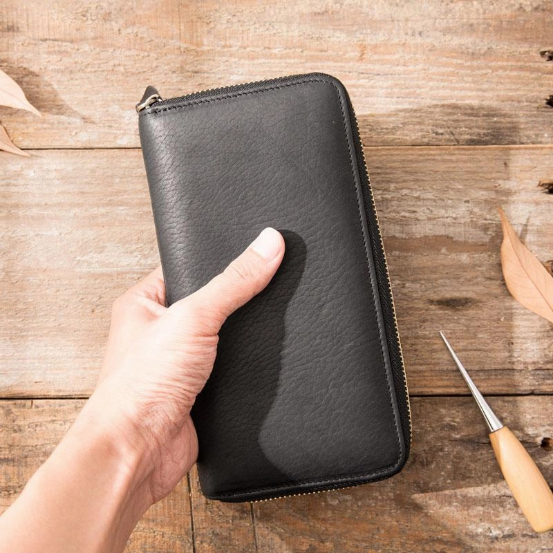 Cool Black Leather Mens Zipper Clutch Wallet Long Wallet for Men