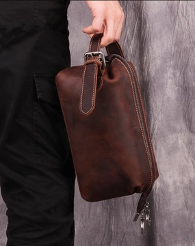 Cool Brown Leather Men's Red Brown Storage Bag Clutch Bag Portable Bag Mini Handbag for Men