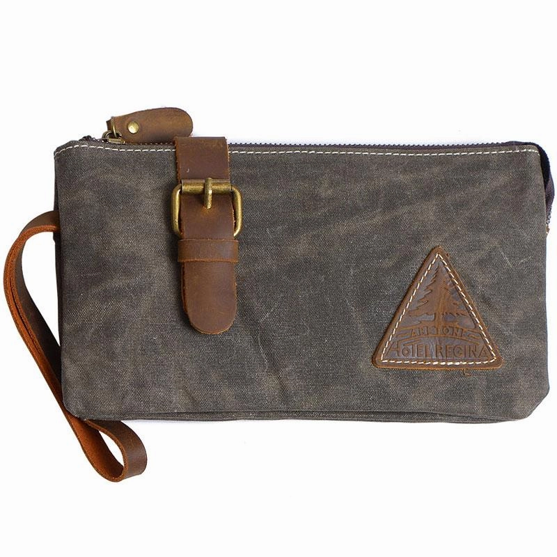 Cool Canvas Leather Mens Clutch Wallet Zipper Wristlet Bag Purse for Men