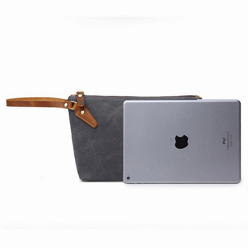 Cool Canvas Leather Mens Wristlet Bag Vintage Clutch Zipper Bag for Men