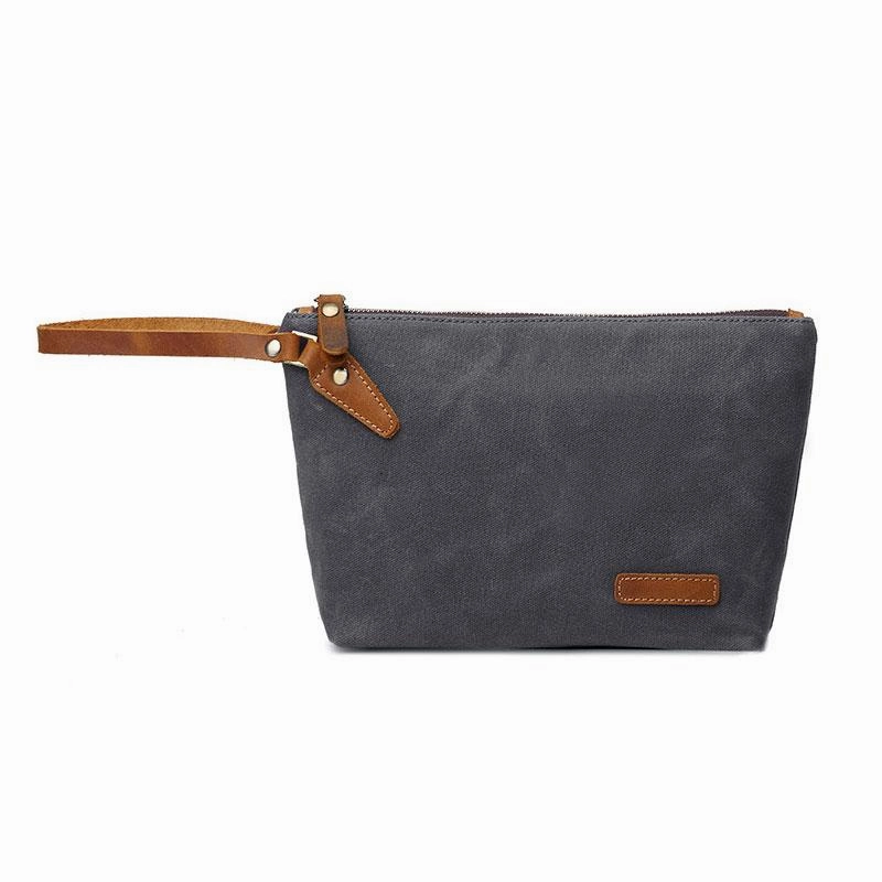 Cool Canvas Leather Mens Wristlet Bag Vintage Clutch Zipper Bag for Men