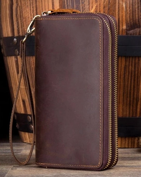 Cool Dark Brown Mens Bifold Zipper Long Wallet Clutch Wallet Wristlet CellPhone Wallet for Men