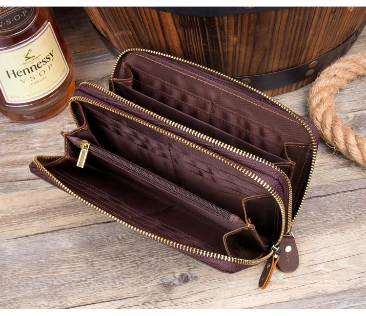 Cool Dark Brown Mens Bifold Zipper Long Wallet Clutch Wallet Wristlet CellPhone Wallet for Men