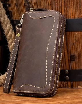 Cool Dark Brown Mens long Wallet Wristlet Wallet Clutch Wallet Yellow Brown Long Wallets for Men