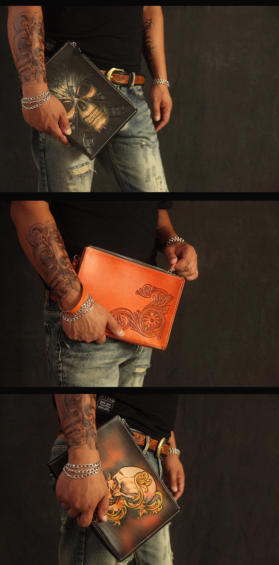 Cool Handmade Tooled Leather Black Skull Clutch Wallet Wristlet Bag Clutch Purse For Men