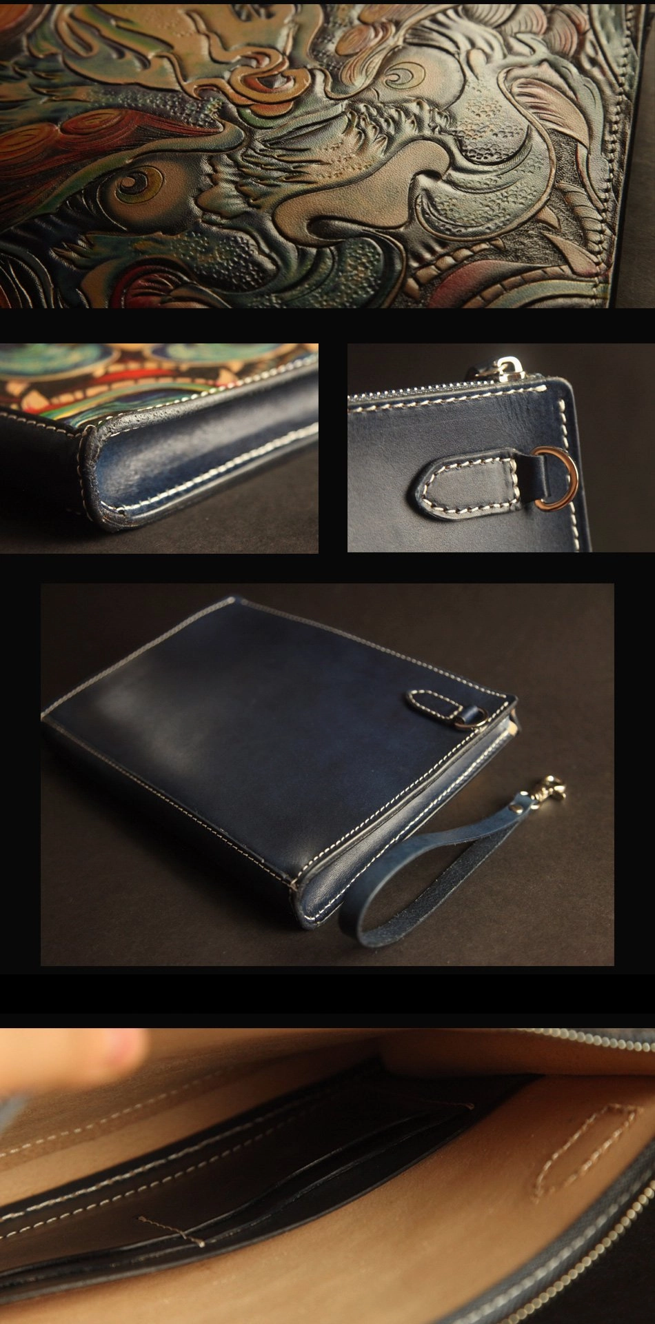 Cool Handmade Tooled Leather Black Skull Clutch Wallet Wristlet Bag Clutch Purse For Men