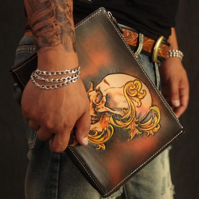 Cool Handmade Tooled Leather Black Skull Clutch Wallet Wristlet Bag Clutch Purse For Men