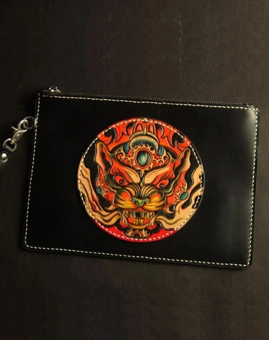 Cool Handmade Tooled Leather Monster Clutch Wallet Wristlet Bags Clutch Purse For Men