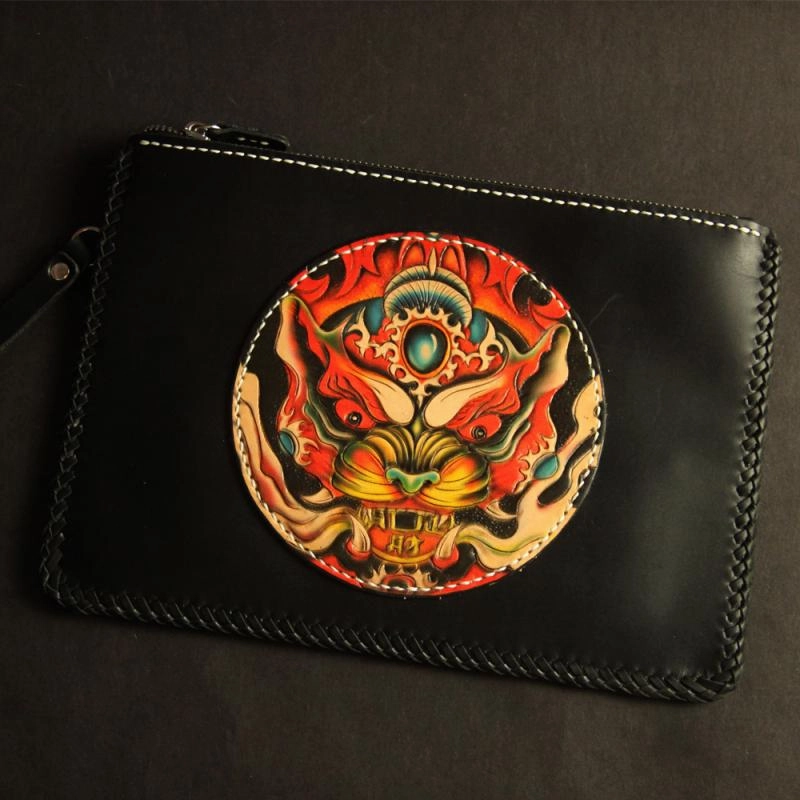 Cool Handmade Tooled Leather Monster Clutch Wallet Wristlet Bags Clutch Purse For Men