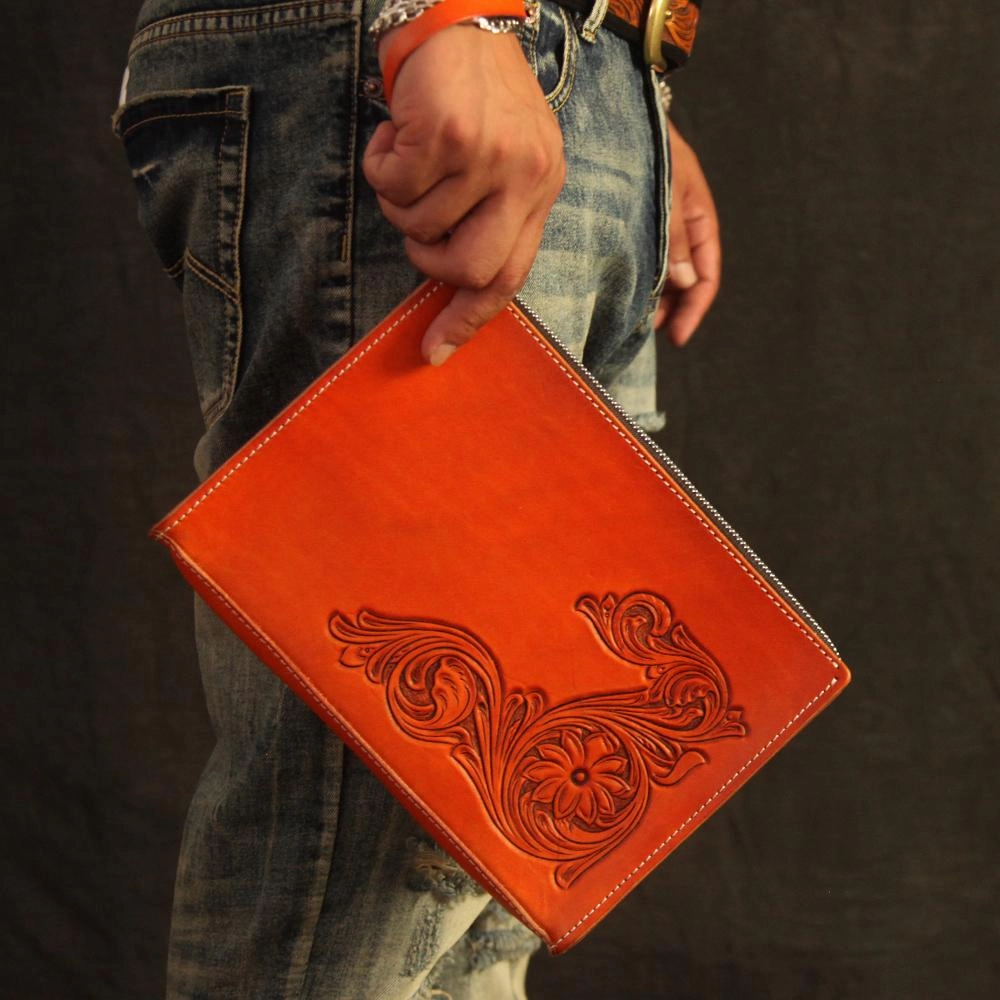 Cool Handmade Tooled Leather Tan Chinese Lion Clutch Wallet Wristlet Bag Clutch Purse For Men