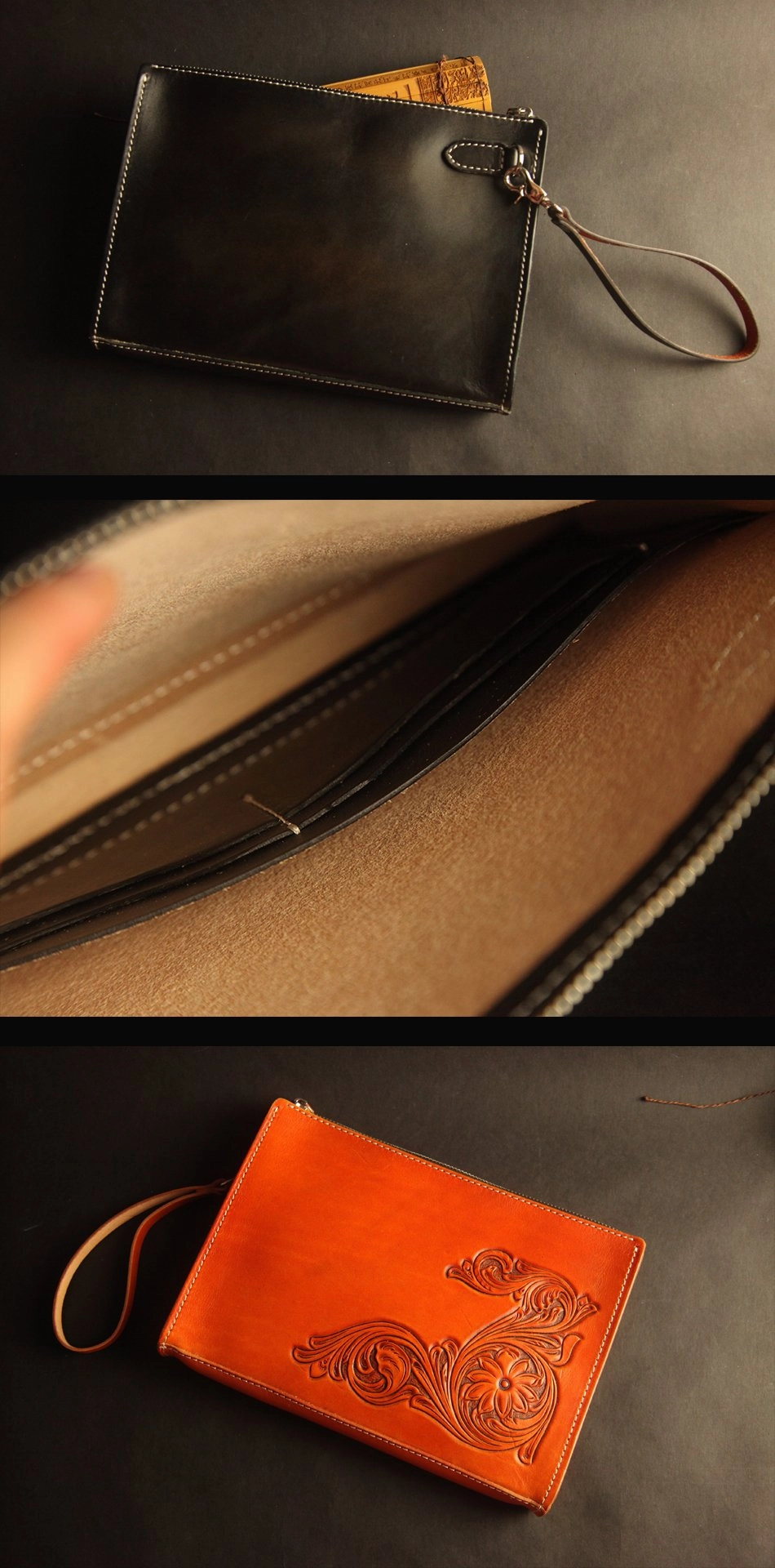 Cool Handmade Tooled Leather Tan Chinese Lion Clutch Wallet Wristlet Bag Clutch Purse For Men