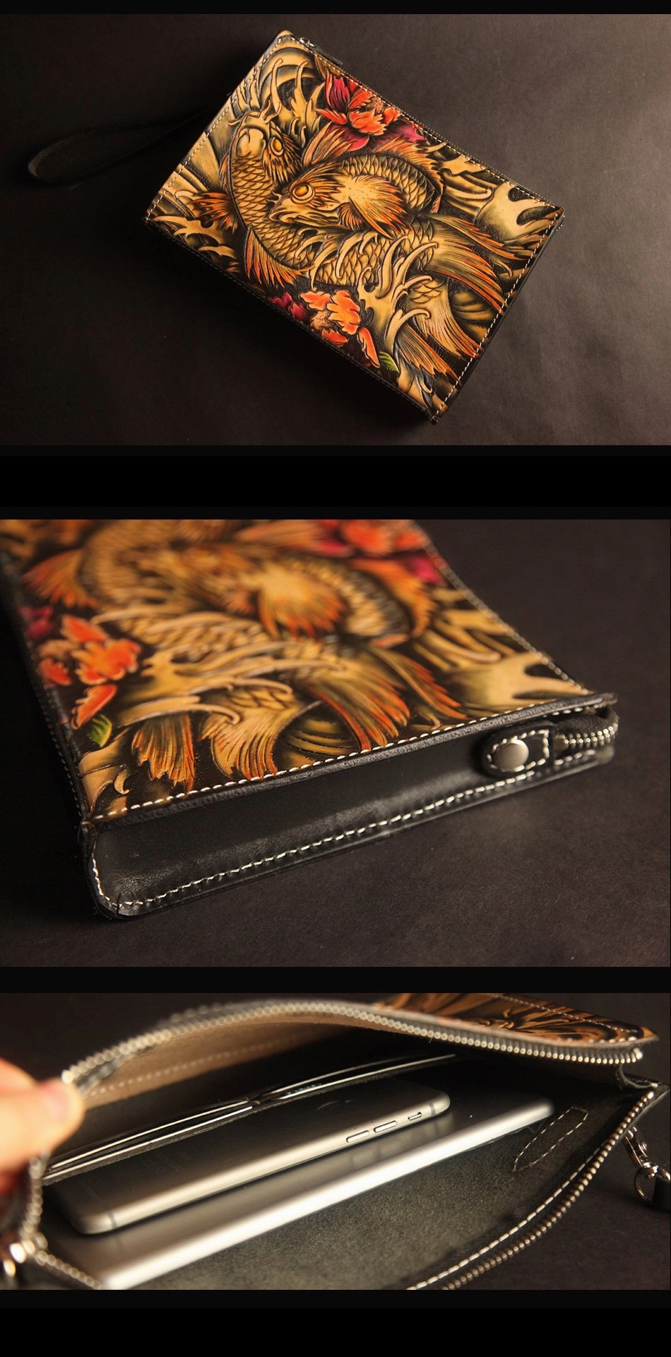 Cool Handmade Tooled Leather Tan Chinese Lion Clutch Wallet Wristlet Bag Clutch Purse For Men
