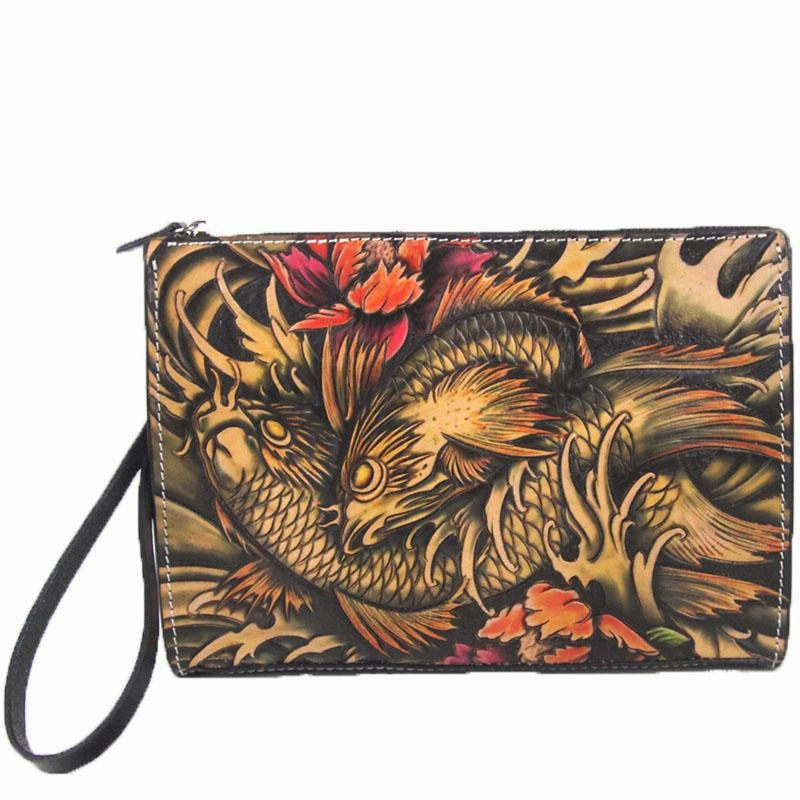 Cool Handmade Tooled Leather Tan Chinese Lion Clutch Wallet Wristlet Bag Clutch Purse For Men