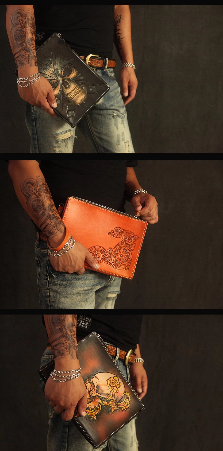 Cool Handmade Tooled Leather Tan Chinese Lion Clutch Wallet Wristlet Bag Clutch Purse For Men