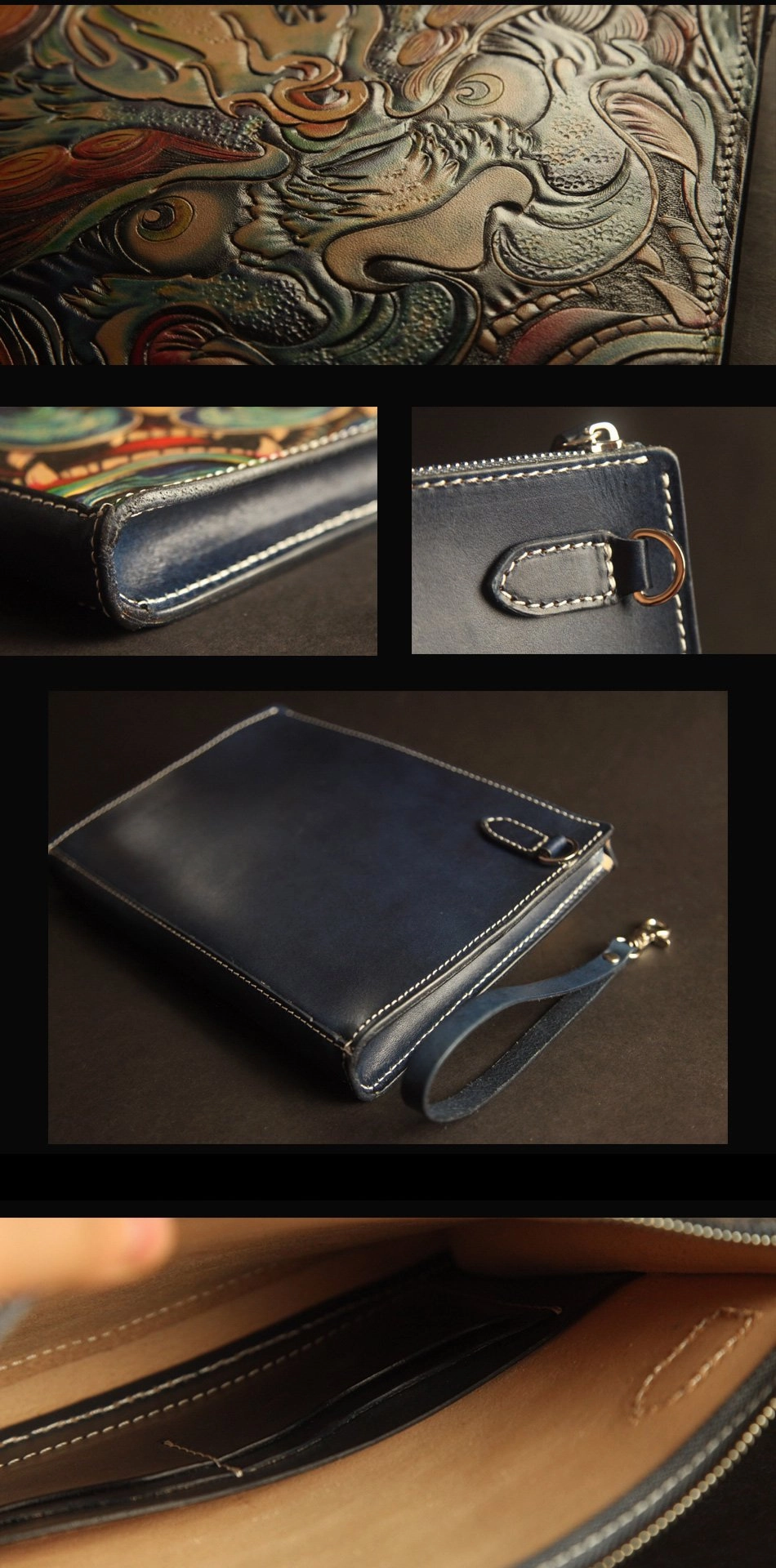 Cool Handmade Tooled Leather Tan Chinese Lion Clutch Wallet Wristlet Bag Clutch Purse For Men