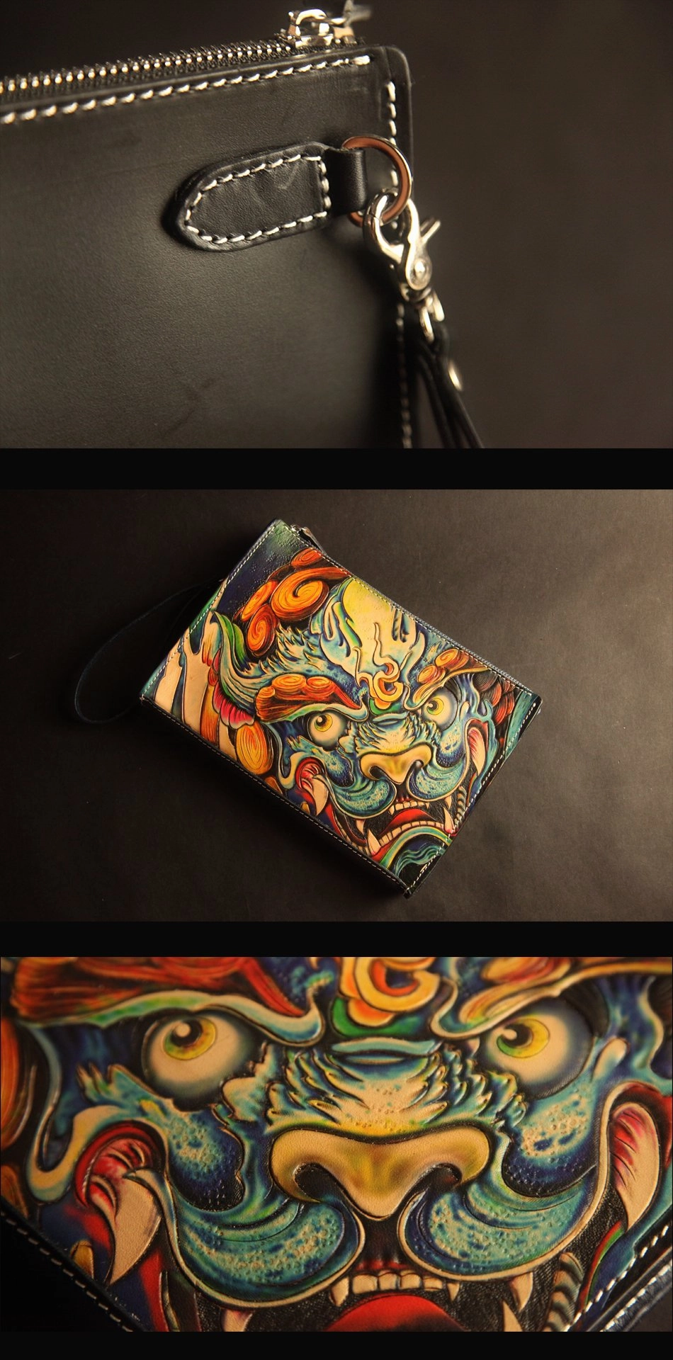 Cool Handmade Tooled Leather Tan Floral Skull Clutch Wallet Wristlet Bag Clutch Purse For Men