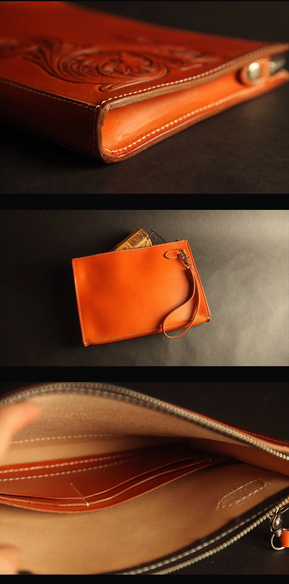 Cool Handmade Tooled Leather Tan Floral Skull Clutch Wallet Wristlet Bag Clutch Purse For Men
