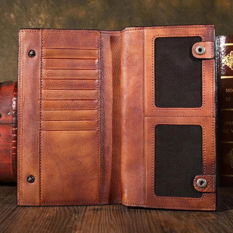 Cool Leather Brown Mens Long Wallet Gray Buckled Long Wallet Bifold Clutch Wallet Card Wallet for Men