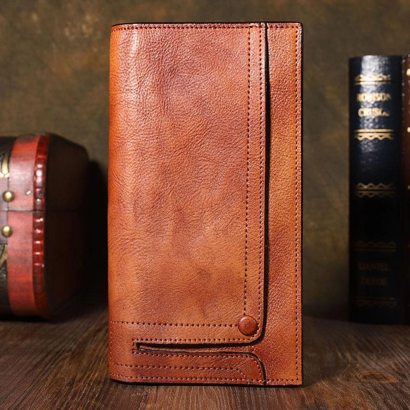 Cool Leather Brown Mens Long Wallet Gray Buckled Long Wallet Bifold Clutch Wallet Card Wallet for Men