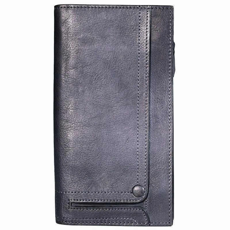 Cool Leather Brown Mens Long Wallet Gray Buckled Long Wallet Bifold Clutch Wallet Card Wallet for Men