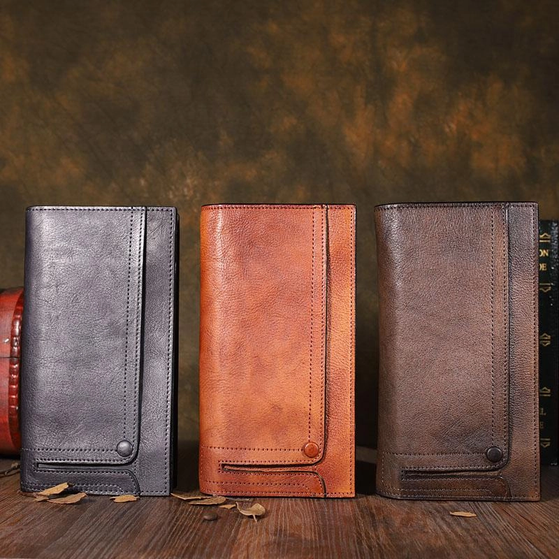Cool Leather Brown Mens Long Wallet Gray Buckled Long Wallet Bifold Clutch Wallet Card Wallet for Men