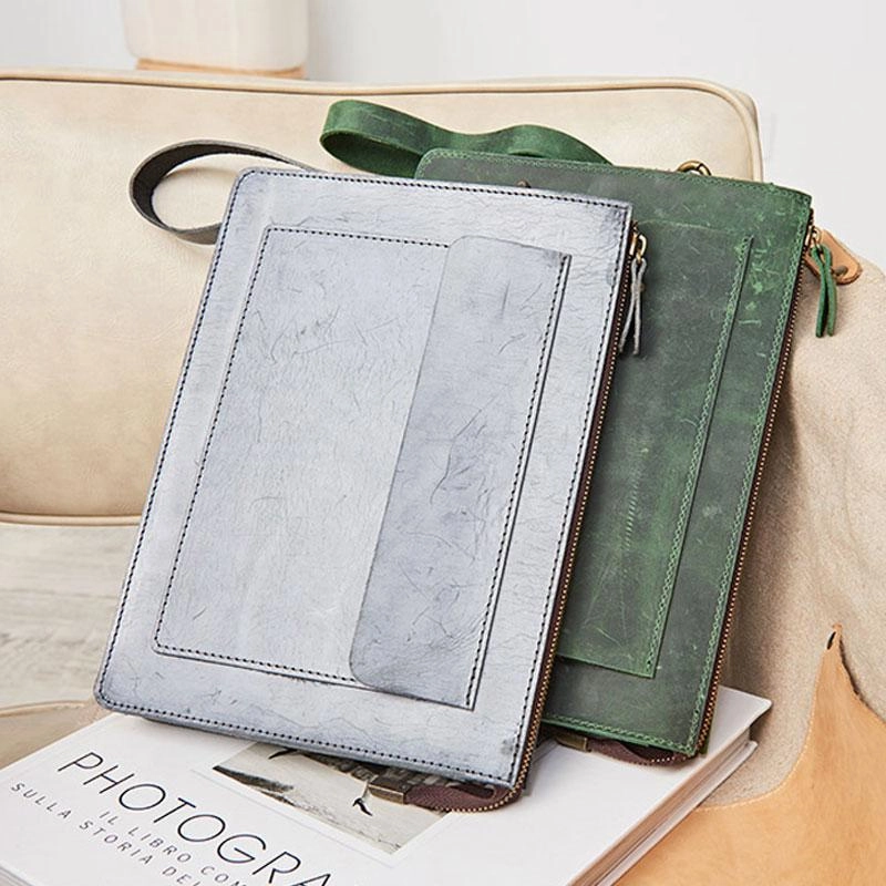 Cool Leather Large Mens Wristlet Bag Vintage Clutch Zipper Bag for Men