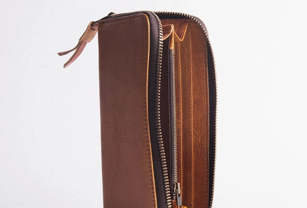 Cool Leather mens bifold long wallet leather zipper clutch wallet for men