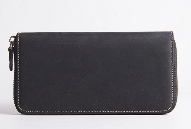 Cool Leather mens bifold long wallet leather zipper clutch wallet for men