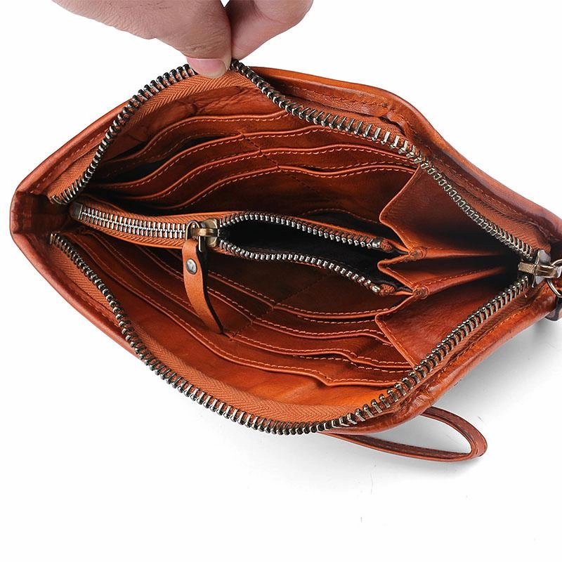 Cool Leather Mens Brown Long Chain Wallet Black Wristlet Wallet Black Clutch Wallet for Men