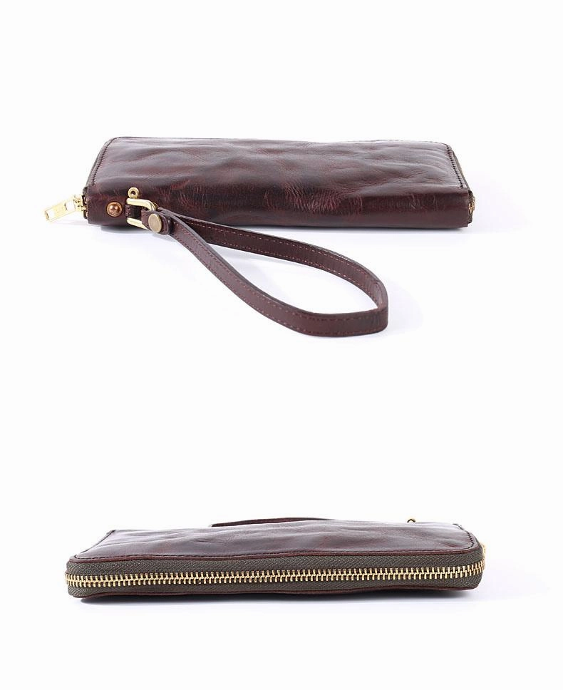 Cool Leather Mens Clutch Simple Brown Wallet Zipper Clutch Wristlet Phone Purse for Men