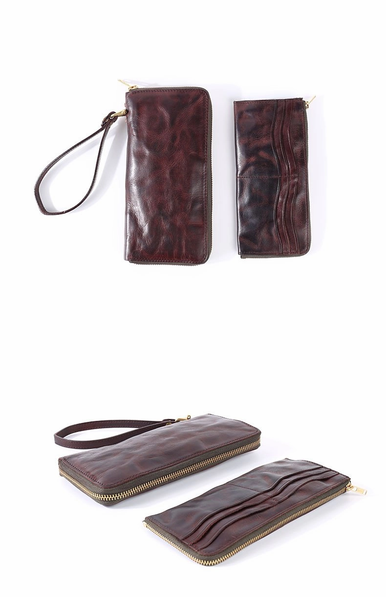 Cool Leather Mens Clutch Simple Brown Wallet Zipper Clutch Wristlet Phone Purse for Men