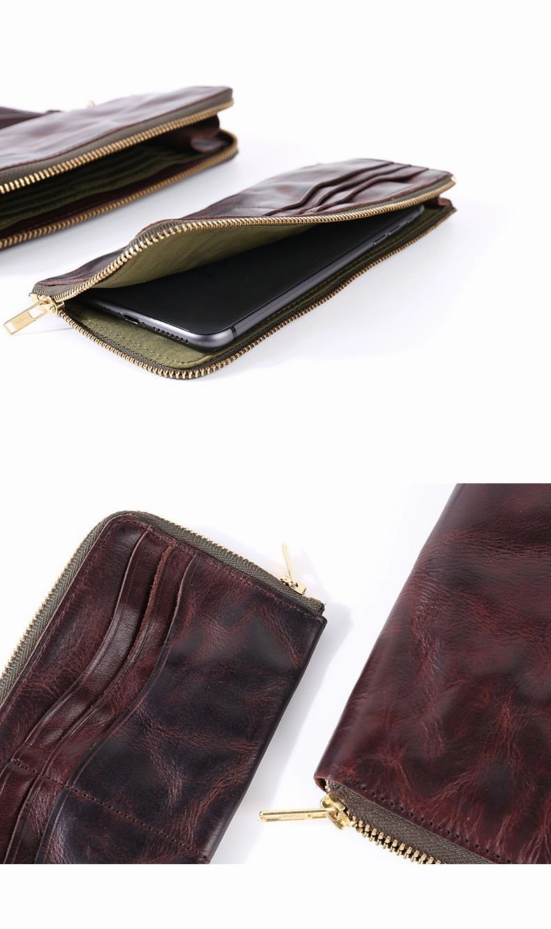 Cool Leather Mens Clutch Simple Brown Wallet Zipper Clutch Wristlet Phone Purse for Men