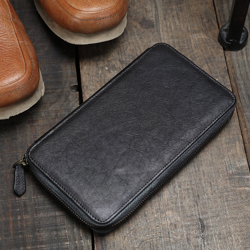 Cool leather mens long wallet vintage zipper long clutch wallet for men