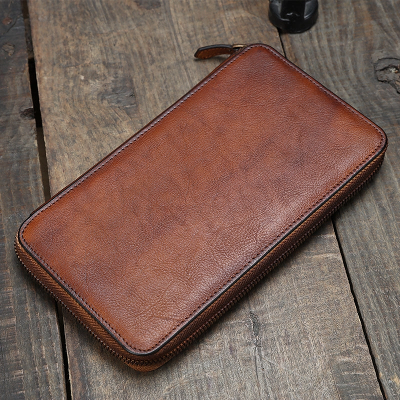 Cool leather mens long wallet vintage zipper long clutch wallet for men